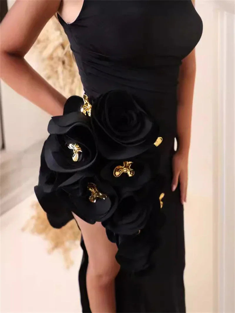 Stereoscopic Flowers Buttons Sexy High slit Ankle Sleeveless Lenght Bandage Dress Woman Evening Party Dress Party Vestido