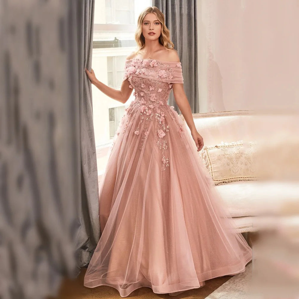 A-line Party Dress Luxury 3D Flower Embroid Evening Dresses Sweet Off Shoulder Vestidos De Noche Pink Prom Dress