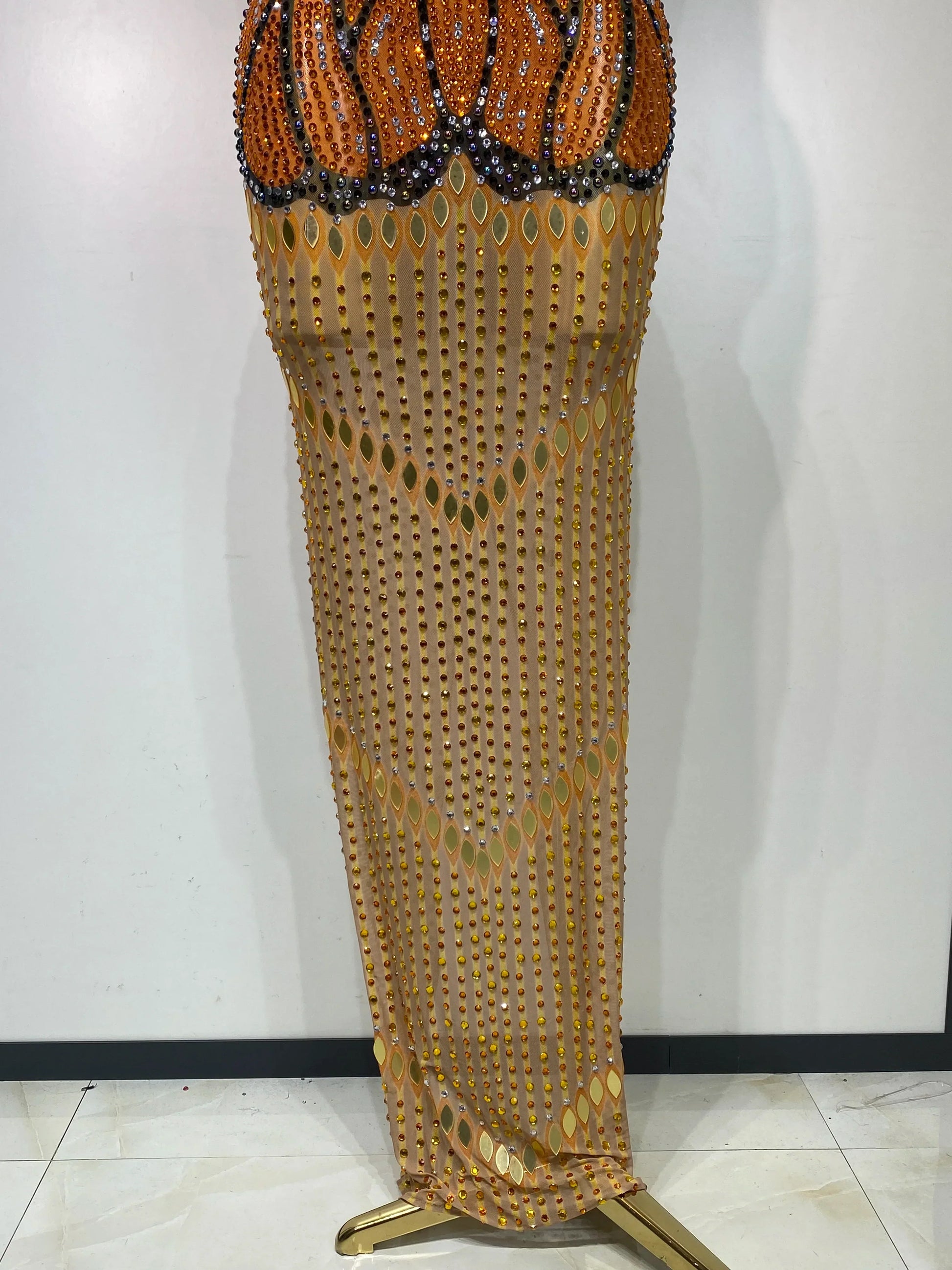 Luxury Rhinestones Mesh Long Dress Elegant Sexy Sleeveless Birthday Evening Party Gown Performance Singer Stage Outfit