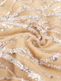 High-Shine Beige Sequins Pearls & Mesh Long Sleeve Dress for Gala Spotlight Party Evening Gown