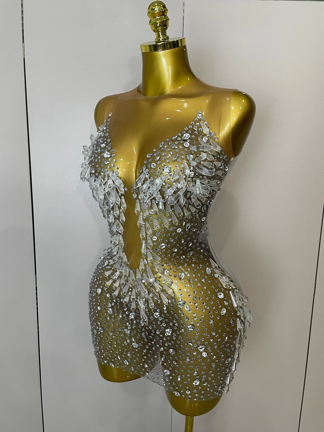 Women Luxury Sexy Mesh Crystal Diamonds Mini Dress Birthday Party Costume Nightclub Stage Performance Singer Outfit Silver