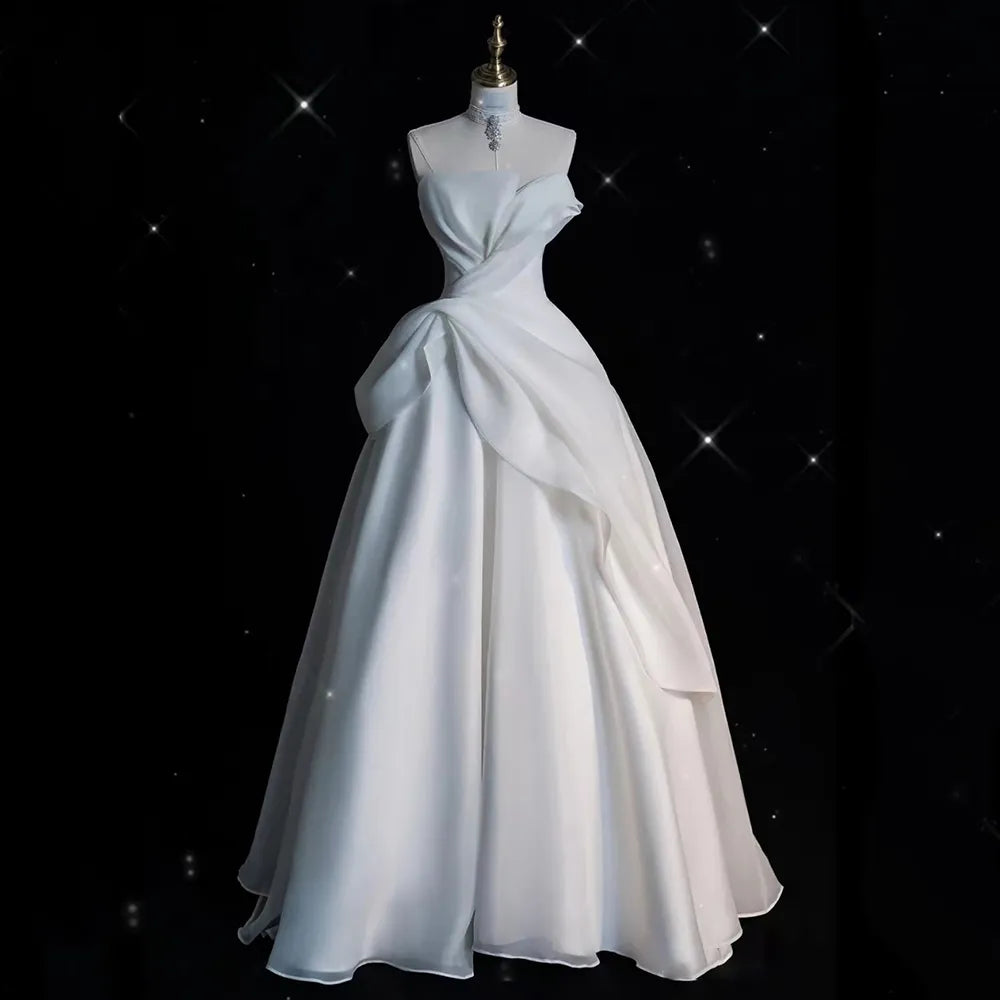 Luxury White Satin Chiffon Strapless Wedding Maxi Bride Dress Elegant Long Prom Evening Guest Formal Party Women Dresses