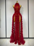 Black Mesh Sequins Sexy Halter See Through Dress Evening Party Prom Nightclub Singer Performance Costume Stage Wear Red