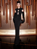 Black Long Key Hole Dress Bustier Ruched Mesh Maxi Dress Round Neck With Gloves Cocktail Party Evening Gowns for Night Out
