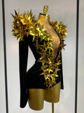Women Sparkly Gold Rhinestone Black Velvet Long Sleeve Bodysuit Evening Party Club Gala Hosts Night Club Bar Stage Costumes