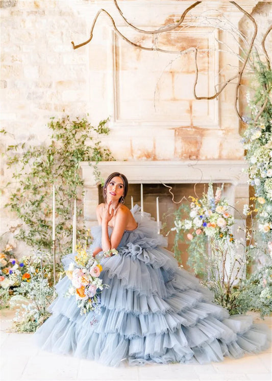 Grey Blue Ball Gown Vestidos De Noche Elegant Multilayer فساتين السهرة Handmade Strapless A-line Prom Dress