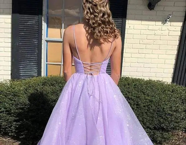 Lilac Long Prom Dresses Glitters Tulle Ball Gown Spaghetti Strap Sleeveless Evening Gowns CUSTOM MADE