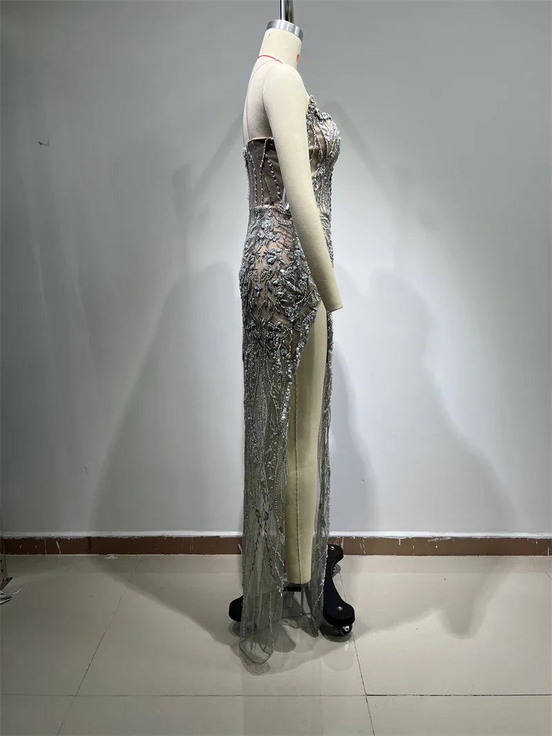 Luxury Diamonds Beading Sexy High Slit V-Neck Strapless Ankle Length Dress Goddess Dress Celebrity Evening Party Outfit