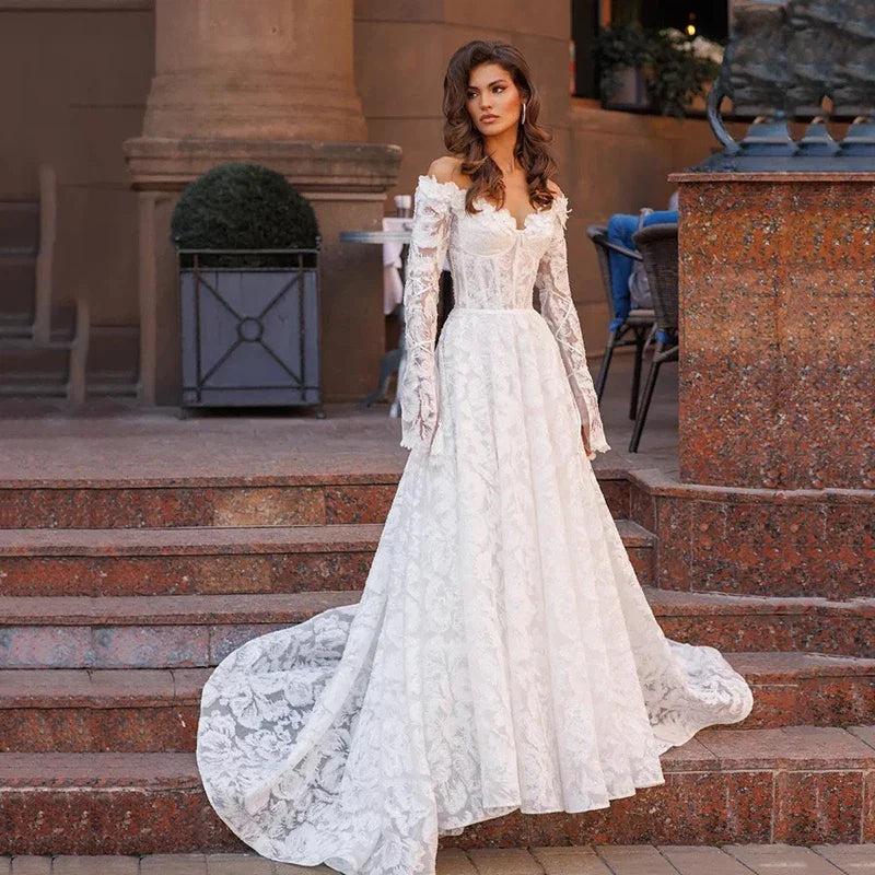 Elegant A-Line Wedding Dresses Sweetheart Long Sleeves Appliques Bridal Dress Formal Wedding Ball Prom Gowns Customized