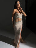 Beige Sequins Strapless Long Dress Backless See Through Mesh Crystal High Slit Celebrity Party Evening Gowns With Gloves