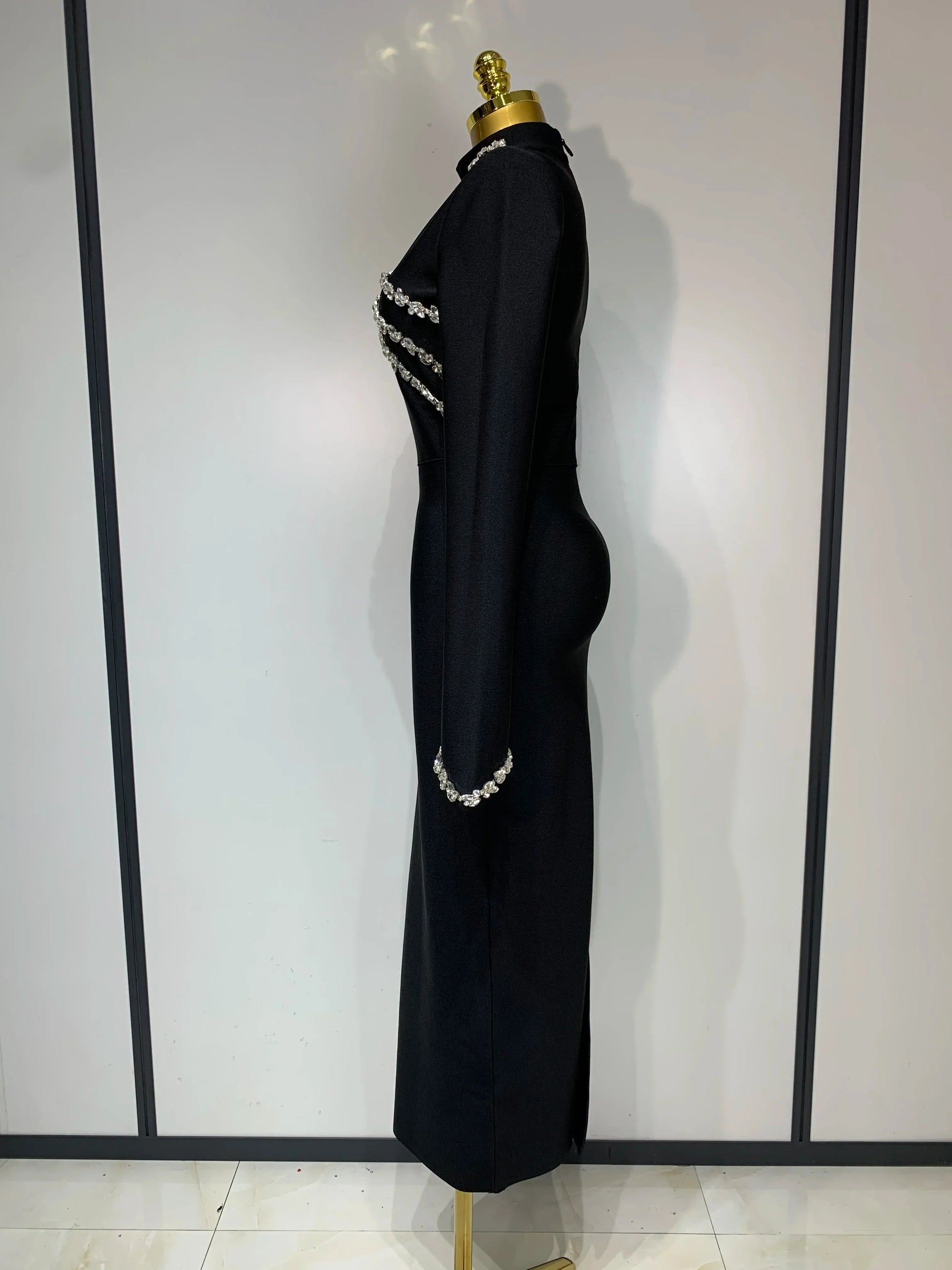 Women Long Sleeve Shinning Crystal Bodycon Long Bandage Dress Celebirty Elegant Evening Party Luxury Birthday Dress