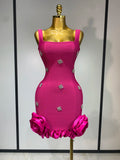 Shining Diamonds Sleeveless Sexy Bodycon Mini Bandage Dress Ruffles Celebrate Evening Party Luxury Birthday Outfit Vestido Rose Red
