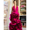 Bright Rose Pink Pleated Halter Sleeveless Evening Dress Fashion Female Formal Banquet Party Prom Gowns robes de soirée same as picture