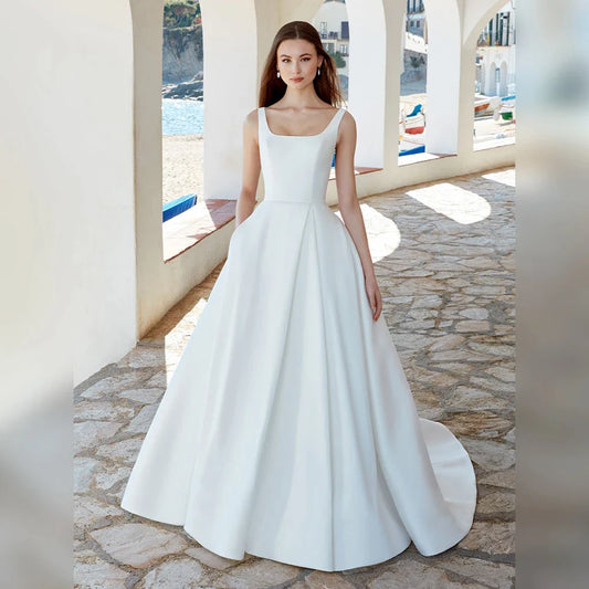 Wedding Dresses For Woman Charming A-line Front Slit Draped Square Neck Chapel Train Gorgeous Open Back Robe De Mariée