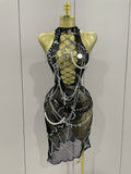 Sexy Black See-Through Pin Decoration Chain Beading Short Dress Women Birthday Evening Party Nightclub Performance Costume black