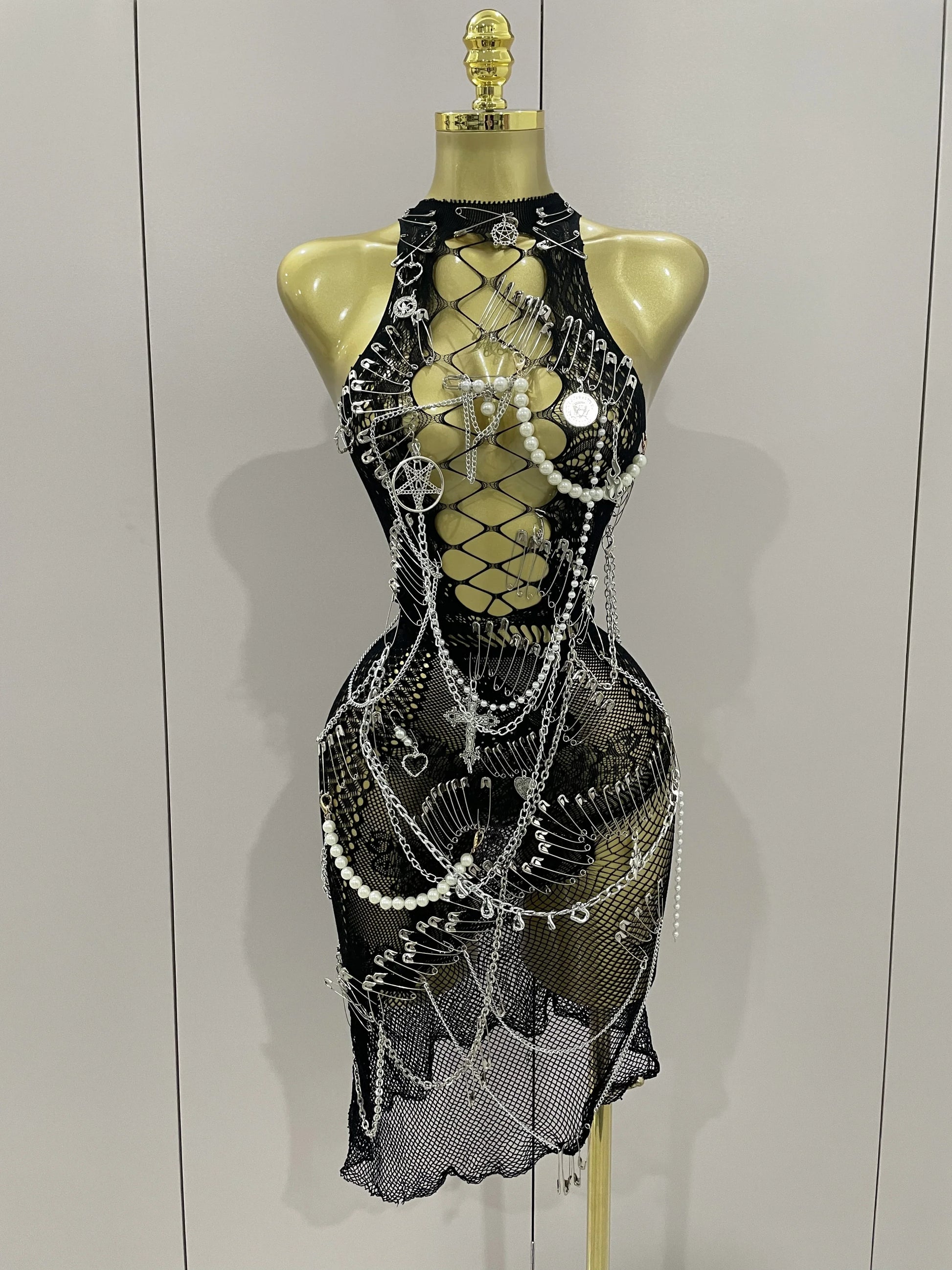 Sexy Black See-Through Pin Decoration Chain Beading Short Dress Women Birthday Evening Party Nightclub Performance Costume black