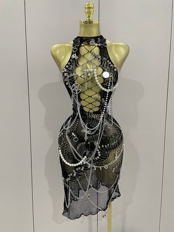 Sexy Black See-Through Pin Decoration Chain Beading Short Dress Women Birthday Evening Party Nightclub Performance Costume black