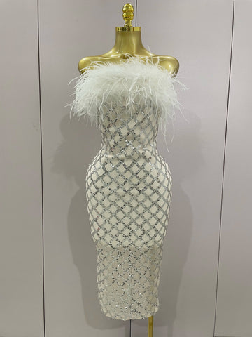 Shinning White Feathers Sequins Straples Bodycon Dress Women Fashion Celebrate Luxury Birthday Party Cocktail Dress WHITE