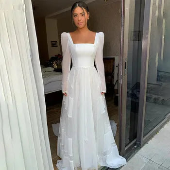 A-Line Wedding Dresses Square Collar Long Sleeves Simple Bridals Evening Dresses for Women Sweep Train Party Prom Gowns Same as picture