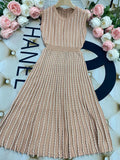 Listing Elegant Striped Knit Dress Women O-neck Sleeveless A-line Dresses Club Evening Party Midi Vestido Khaki