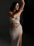 Beige Sequins Strapless Long Dress Backless See Through Mesh Crystal High Slit Celebrity Party Evening Gowns With Gloves