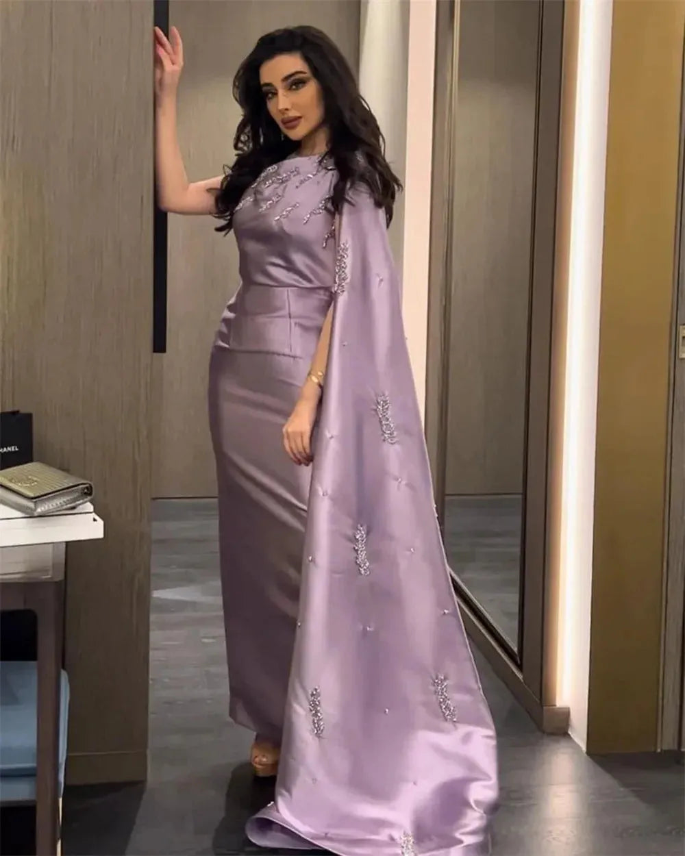 Sexy One Cape Sleeve Mermaid Prom Dress Elegant Sequins Fishtail فساتين السهرة Purple Trumpet Silk Vestidos De Noche PURPLE