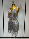 Sparkly Rhinestone Tassels Sexy Mesh See Through Dress Women Evening Party Luxury Birthday Nightclub Perform Stage Costume