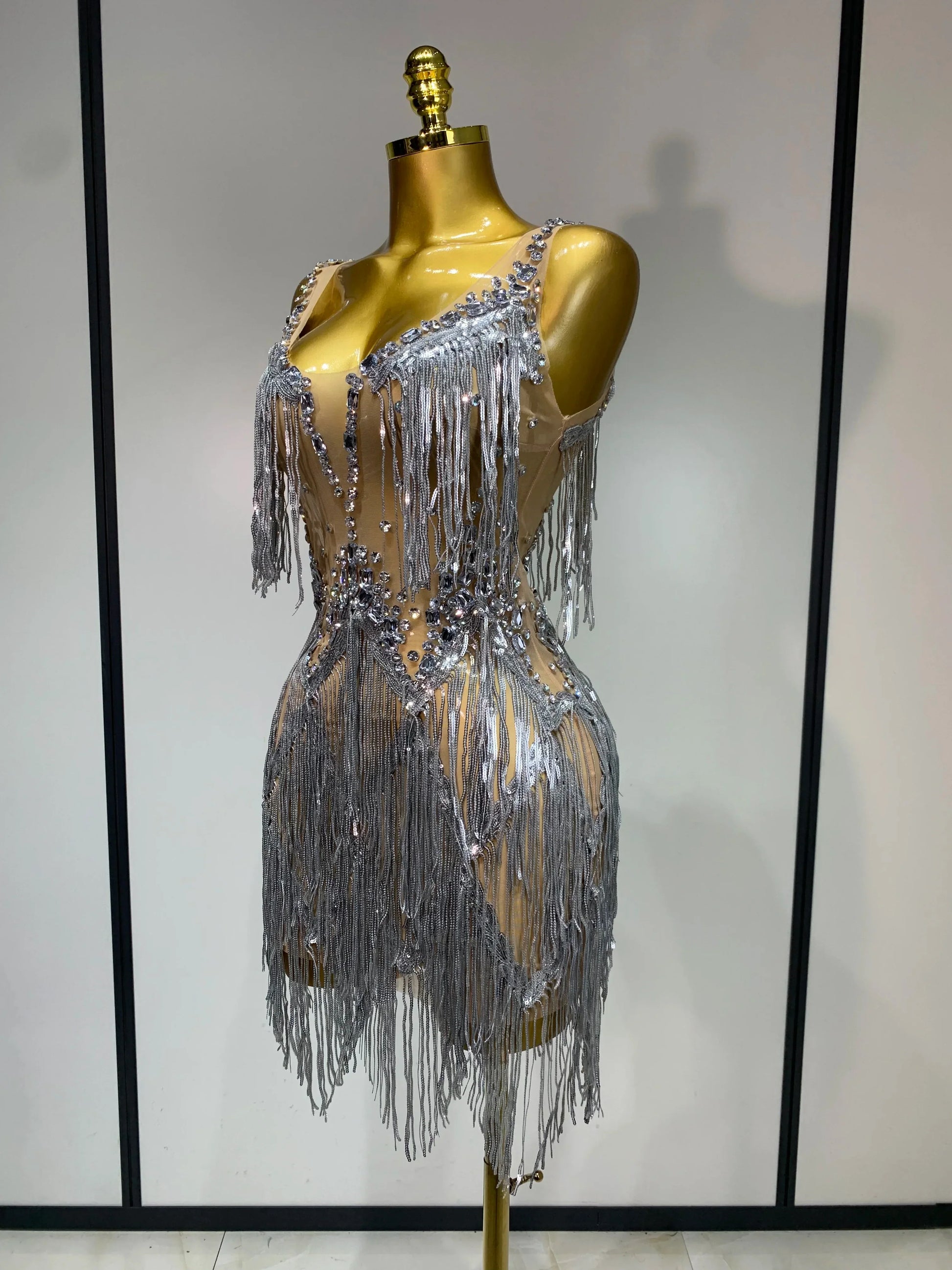 Sparkly Rhinestone Tassels Sexy Mesh See Through Dress Women Evening Party Luxury Birthday Nightclub Perform Stage Costume