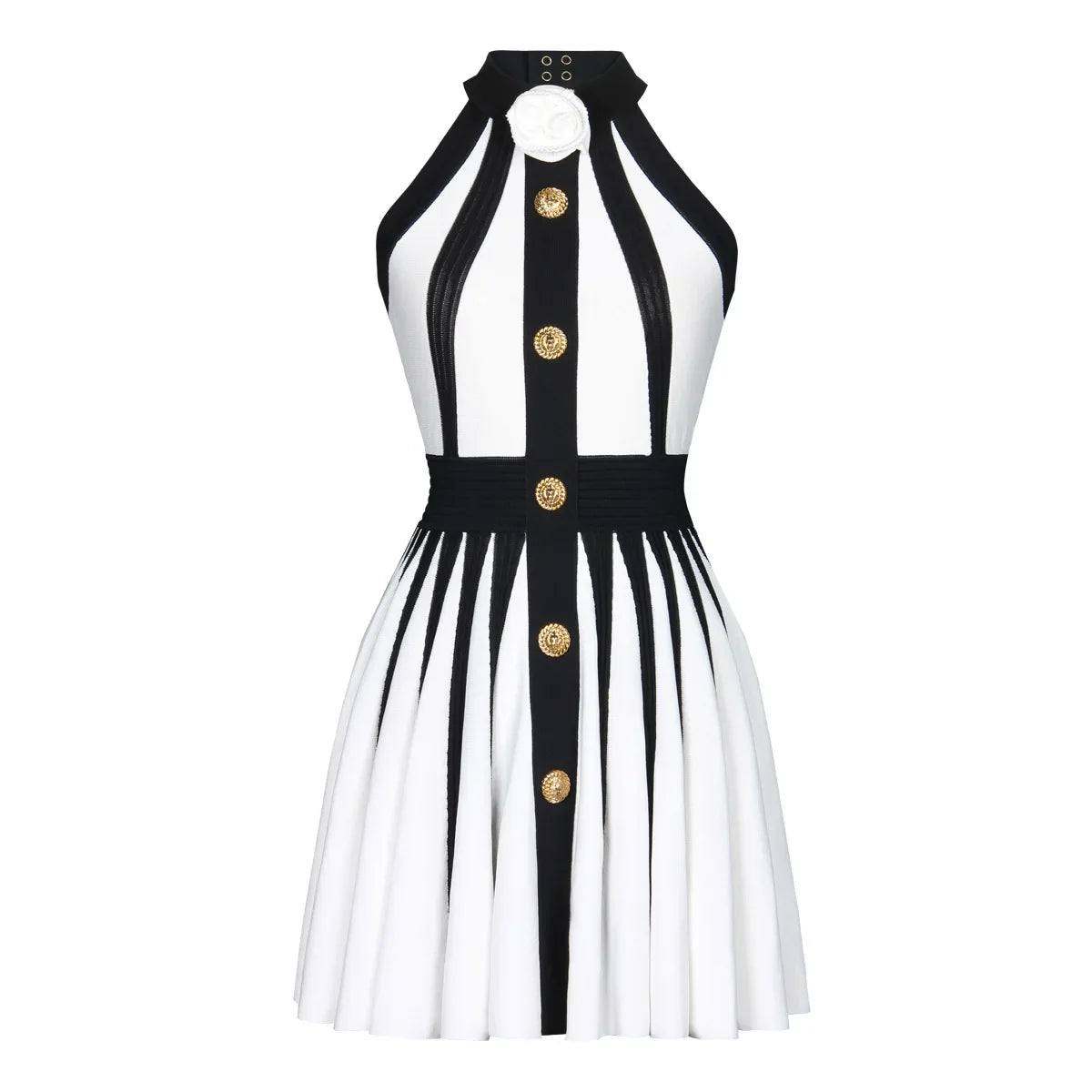2022 Gloden Buttons Flower Halter Sleeveless White Patchwork Black Mini Evening Dress Graceful Woman Evening Party Outfit WHITE
