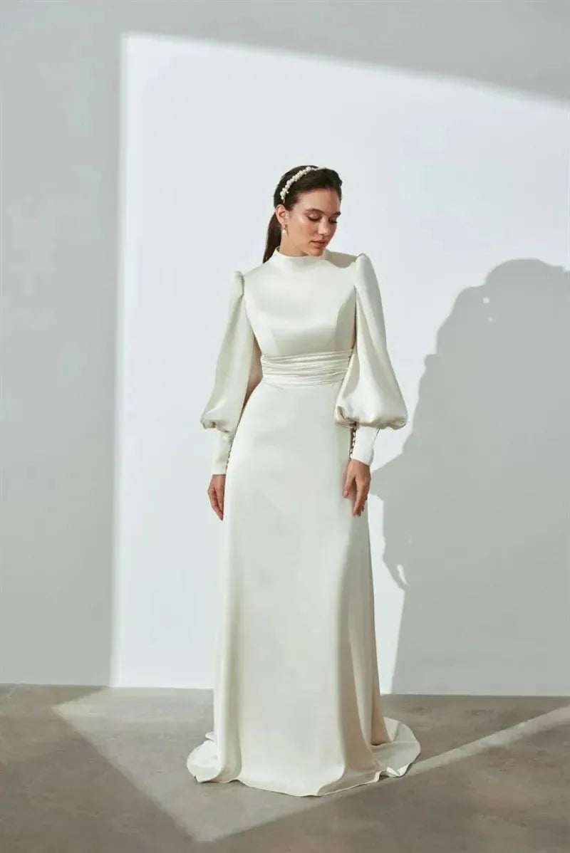 Muslim Wedding Dress | Muslim Simple High Collar Ivory Mermaid Wedding Dresses Button Full Satin Draped Pleat Bride Gown Floor Length robe de mariée 26w Satin