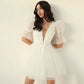 BEACH Boho Mini Wedding Party Dresses Deep V Neck Lace Short Bride Dress Backless Puff Sleeves Lovely Bridal Gown