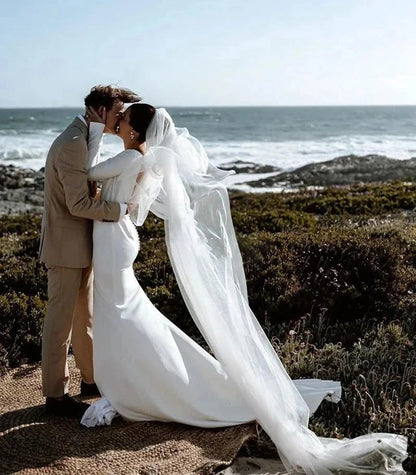 Robe De mariée sirène élégante à manches longues, Sexy, col bateau, avec traîne, dos nu, boutons