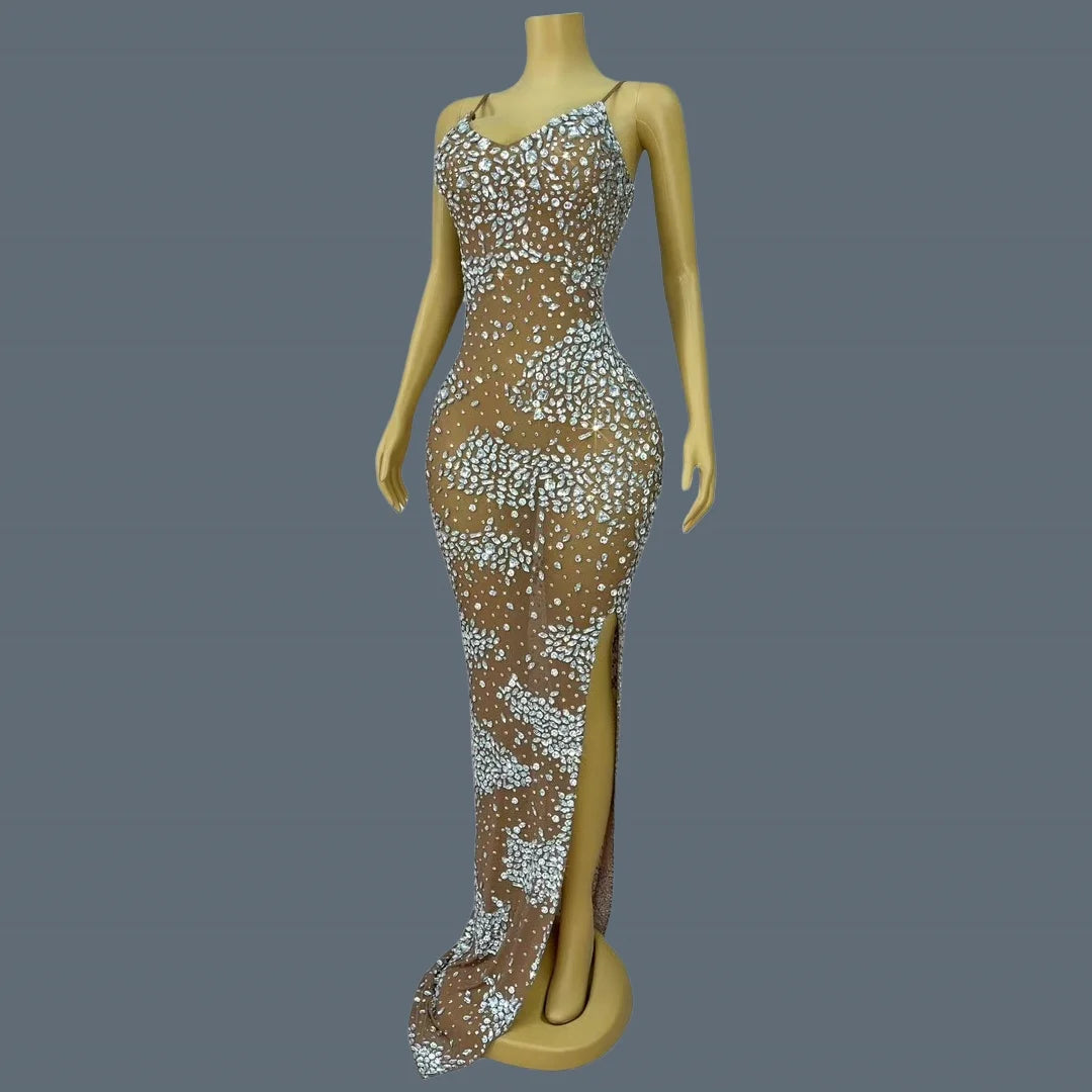 New Women's Sexy Maxi Dress Bodycon Mesh Ball Dress Birthday Party Queen Gown Sparkly Rhinestone Bar Evening Dress Xingmangzhiwu