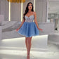 Blue Short Prom Dresses with Beading Corset Spaghetti Strap Tiered Tulle Cocktail Gown Sweetheart Formal Party Dress