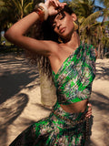 Stylish Green Print Ensemble One-Shoulder High Slit Two-Pieces Dress Set for Summer Galas