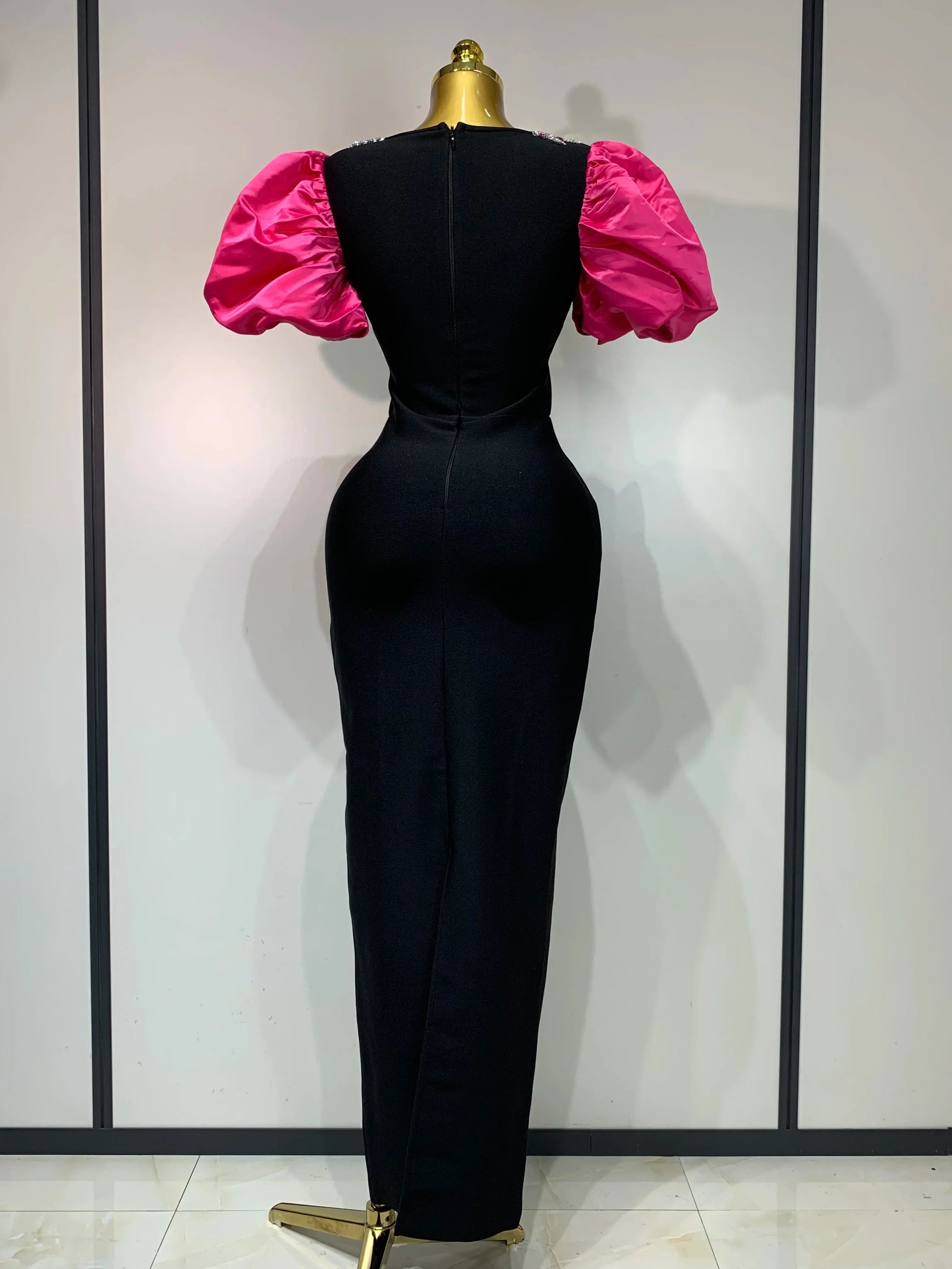 Women Sexy Puff Sleeve Square Collar Shinning Crystal Bodycon Long Bandage Dress Celebrate Evening Party Luxury Birthday Dress