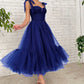 Simple Tea Length Evening Dresses Tulle A Line Spaghetti Strap Royal Blue Navy Blue Formal Party Prom Gowns Elegant Women Custom