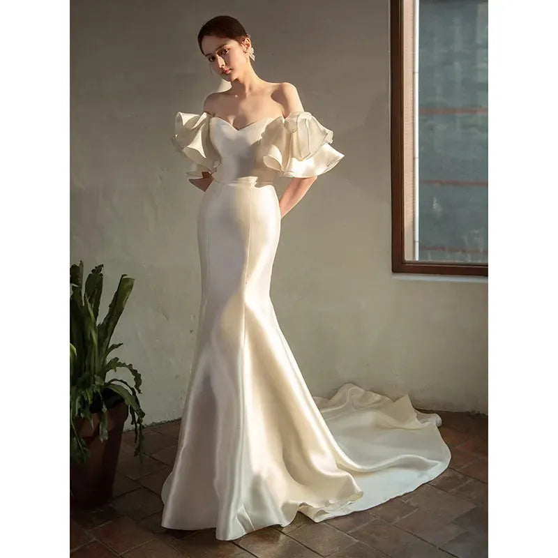 Mermaid Wedding Dresses Satin Bridal Dress Classic V-neck Vestido De Noiva Lace Up Trumpet Gown Customize Robe De Mariee