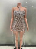 Blue Sequins Shining Diamonds Long Tassel Sleeveless Mini Dress 2 Pieces Birthday Party Outfit Performances Costume Silver
