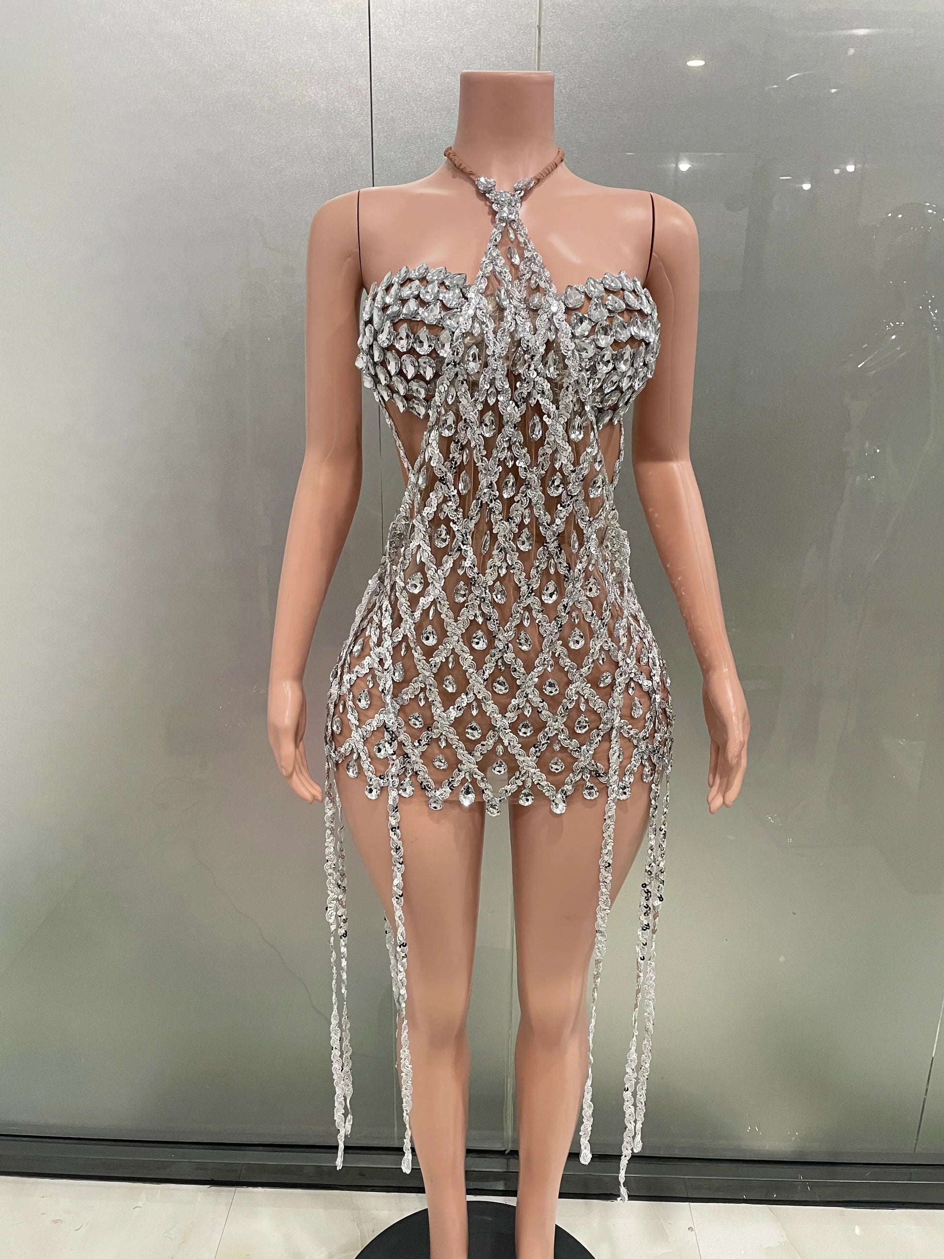 Blue Sequins Shining Diamonds Long Tassel Sleeveless Mini Dress 2 Pieces Birthday Party Outfit Performances Costume Silver