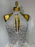 Sexy Halter Backless Feather Pearl Short Party Dress Women Luxury Rhinestone Celebrate Birthday Outfit Performance Dance Costume