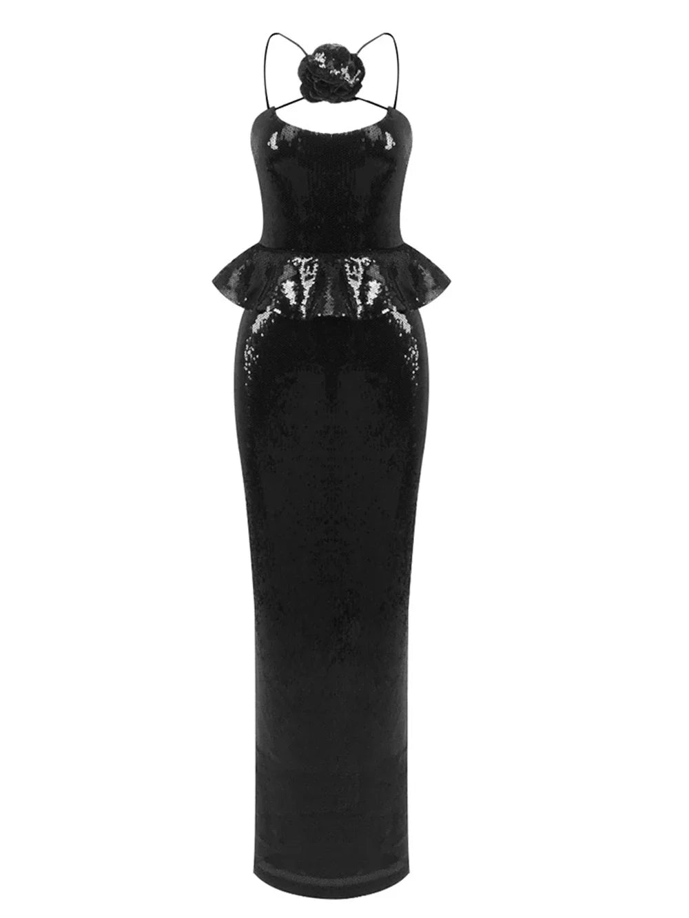 Sexy Women Sequined Long Dress Spaghetti Strap Sleeveless Three-Dimensional Flower Decoration Backless Dress Party Vestidos