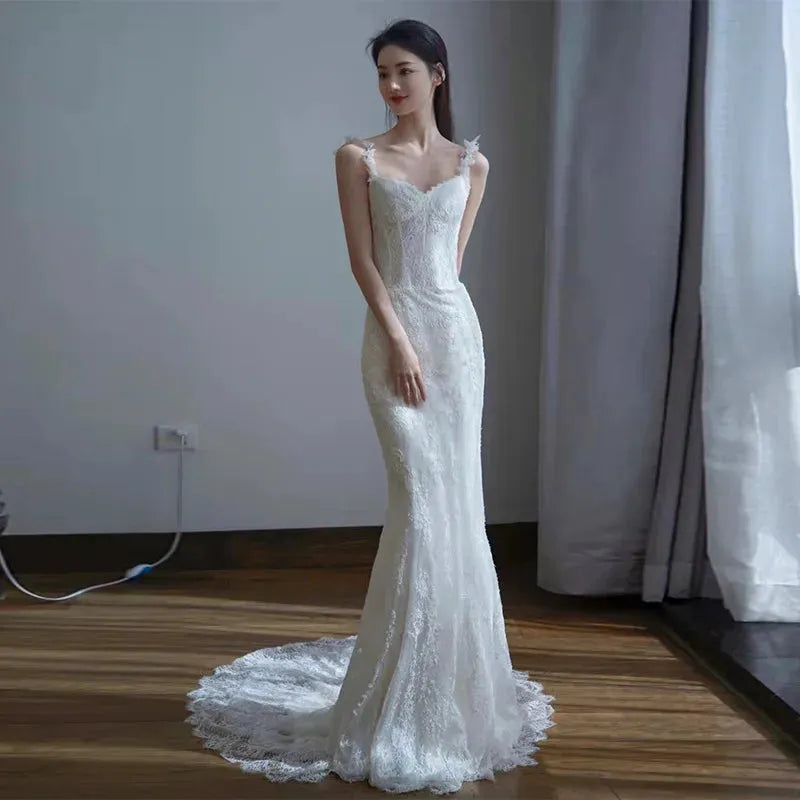 White Lace Mermaid Trailing Bride Wedding Dress Elegant Luxury Sexy Suspender Backless Formal Evening Summer Dresses for Women White 50cm | cn