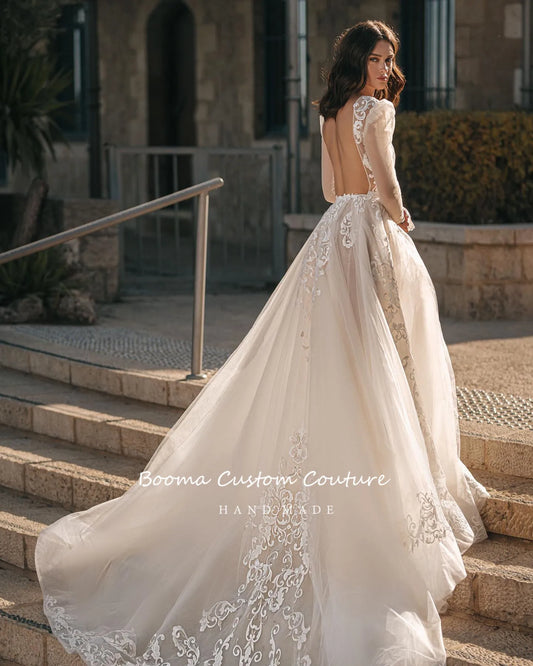 Deep V-Neck Lace Princess Wedding Dresses Illusion Long Sleeves Appliques A-Line Bridal Gowns Backless Bride Dresses