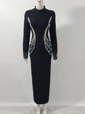 Sexy Women's Heavy Industry Beaded Bandage Dress Bodycon Stand Collar Long Sleeve Midi Dress Cocktail Evening Party Vestido black