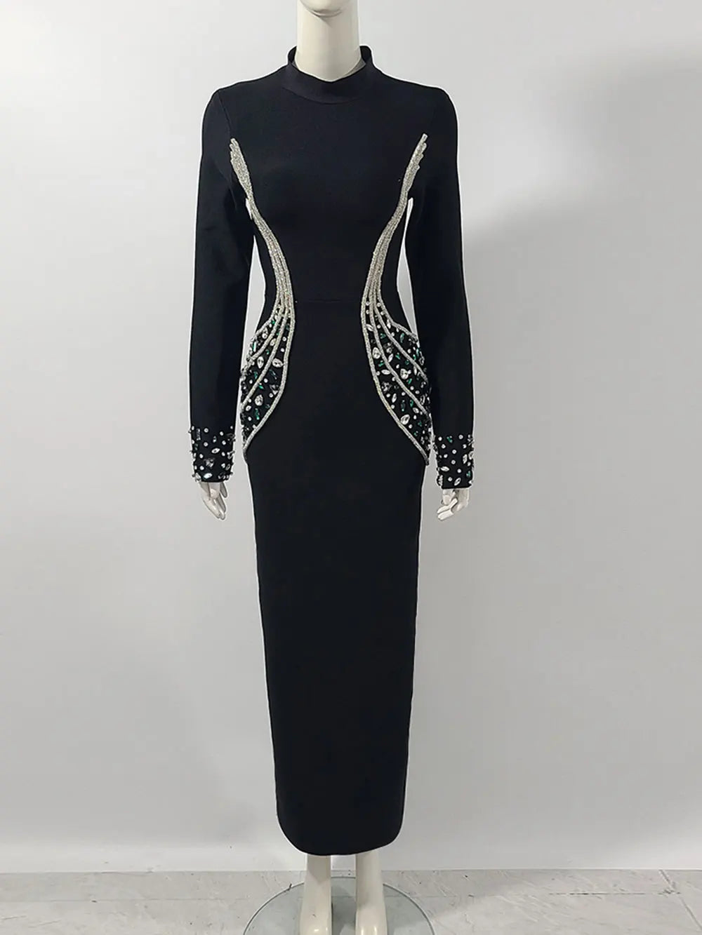 Sexy Women's Heavy Industry Beaded Bandage Dress Bodycon Stand Collar Long Sleeve Midi Dress Cocktail Evening Party Vestido black