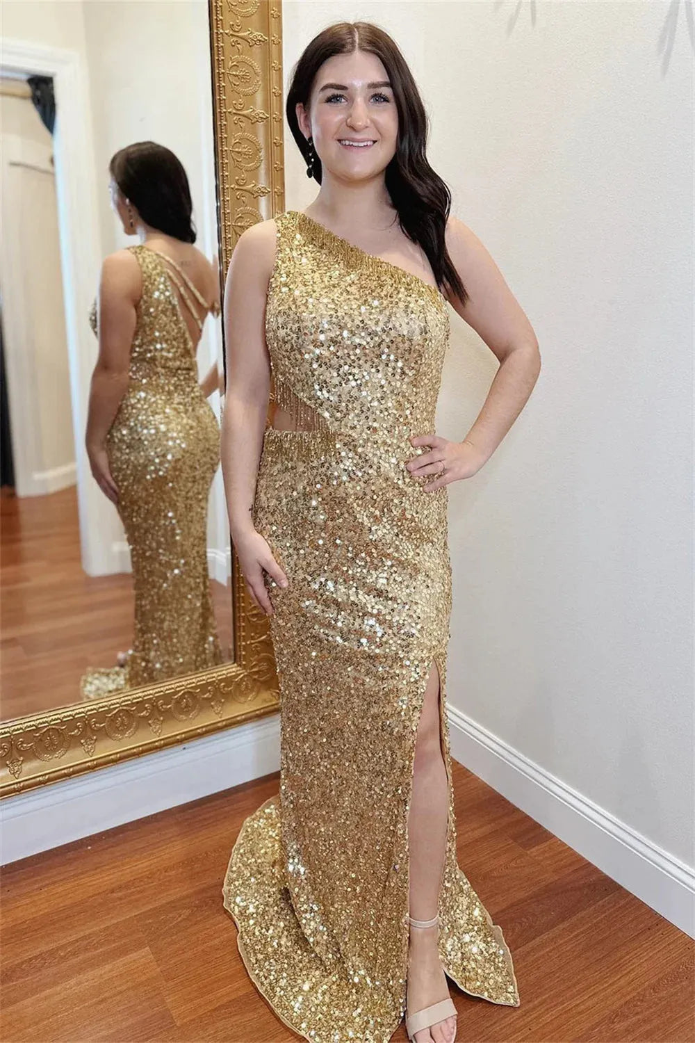Gold Glitter Prom Dresses One Shoulder Mermaid vestidos de noche Elegant Sleeveless Floor-Length Side Split Formal Evening Gold