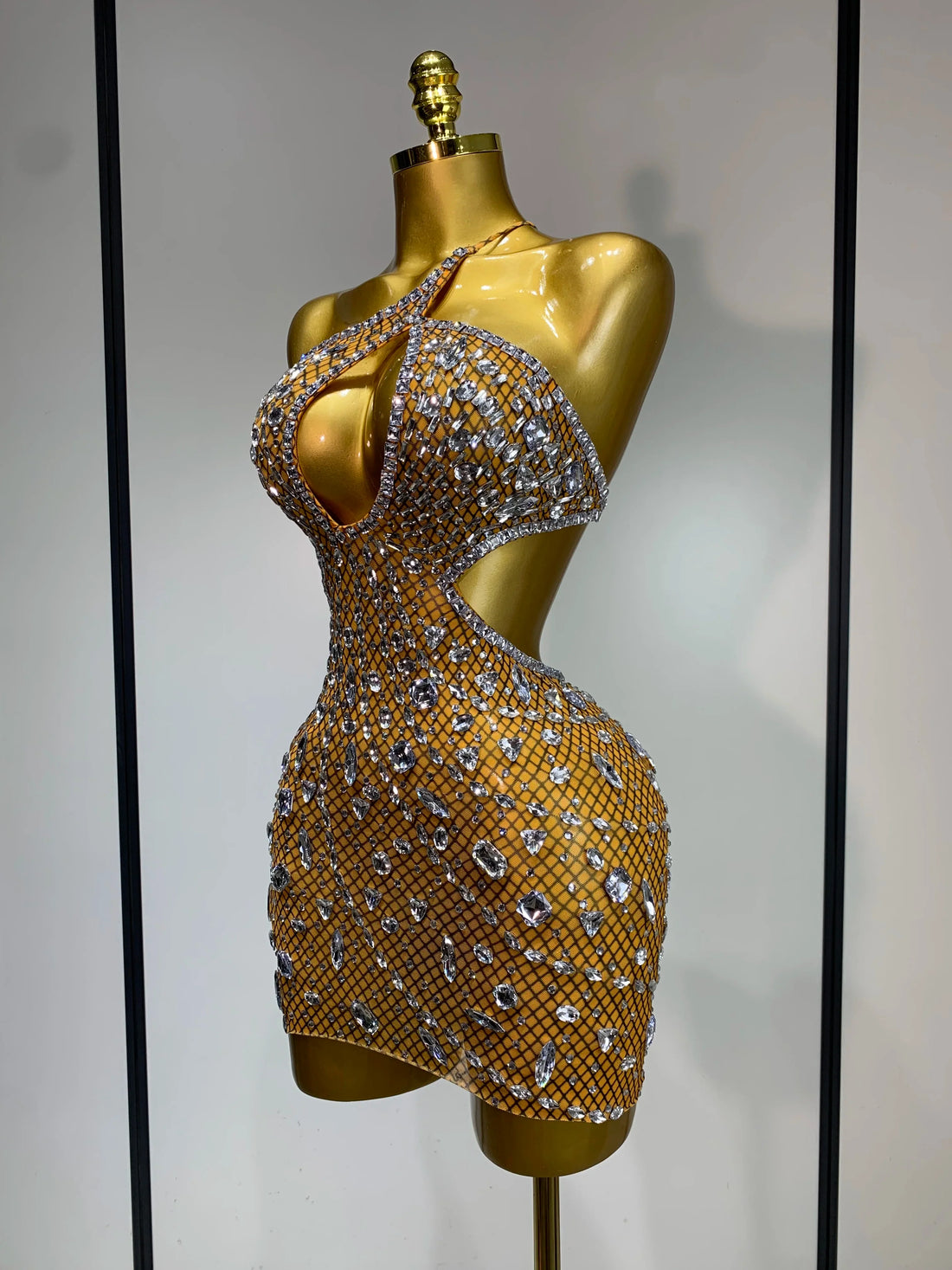 Sparkly Rhinestones Backless Mini Dress Women Sexy Mesh Transparent Celebrate Evening Birthday Dress Photo Shoot Stage Wear
