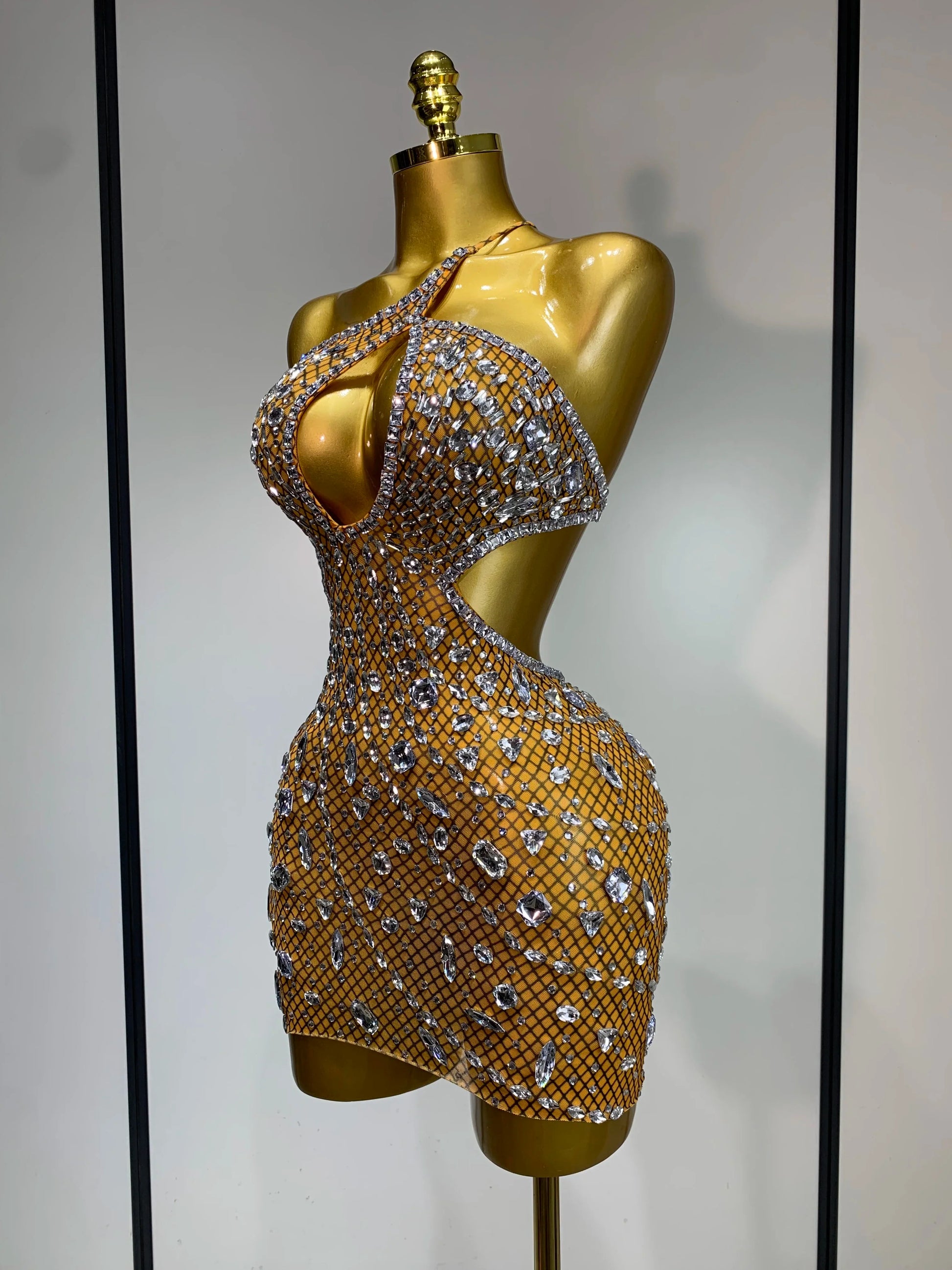 Sparkly Rhinestones Backless Mini Dress Women Sexy Mesh Transparent Celebrate Evening Birthday Dress Photo Shoot Stage Wear