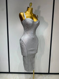 Women Sleeveless Sexy Silver V Neck Bodycon Midi Bandage Dress Celebrate Nightclub Party Birthday Dress Wedding Guest Dress
